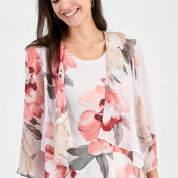 Robbie Bee Women Floral Print Chiffon Midi Dress & Jacket Set White/Multi Sz 12 - Picture 5 of 5